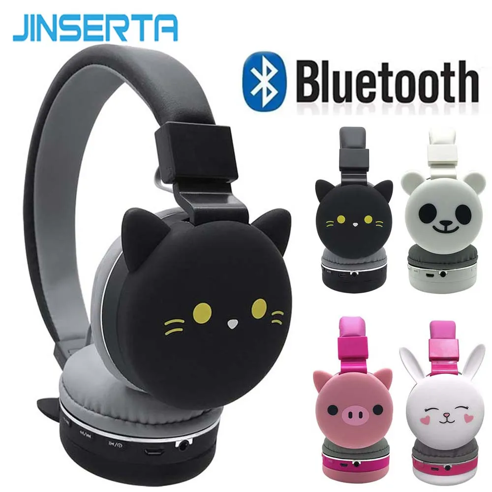 JINSERTA, детские наушники, беспроводная Bluetooth гарнитура, стерео музыка, складные, регулируемые, с рисунком кота, наушники с микрофоном