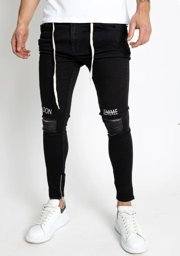 Black Ripped Jeans Mens Fashion Letter Embroidery Stretch Skinny Distressed Jeans Hombre Slim Ankle Zipper Denim Pencil Pants