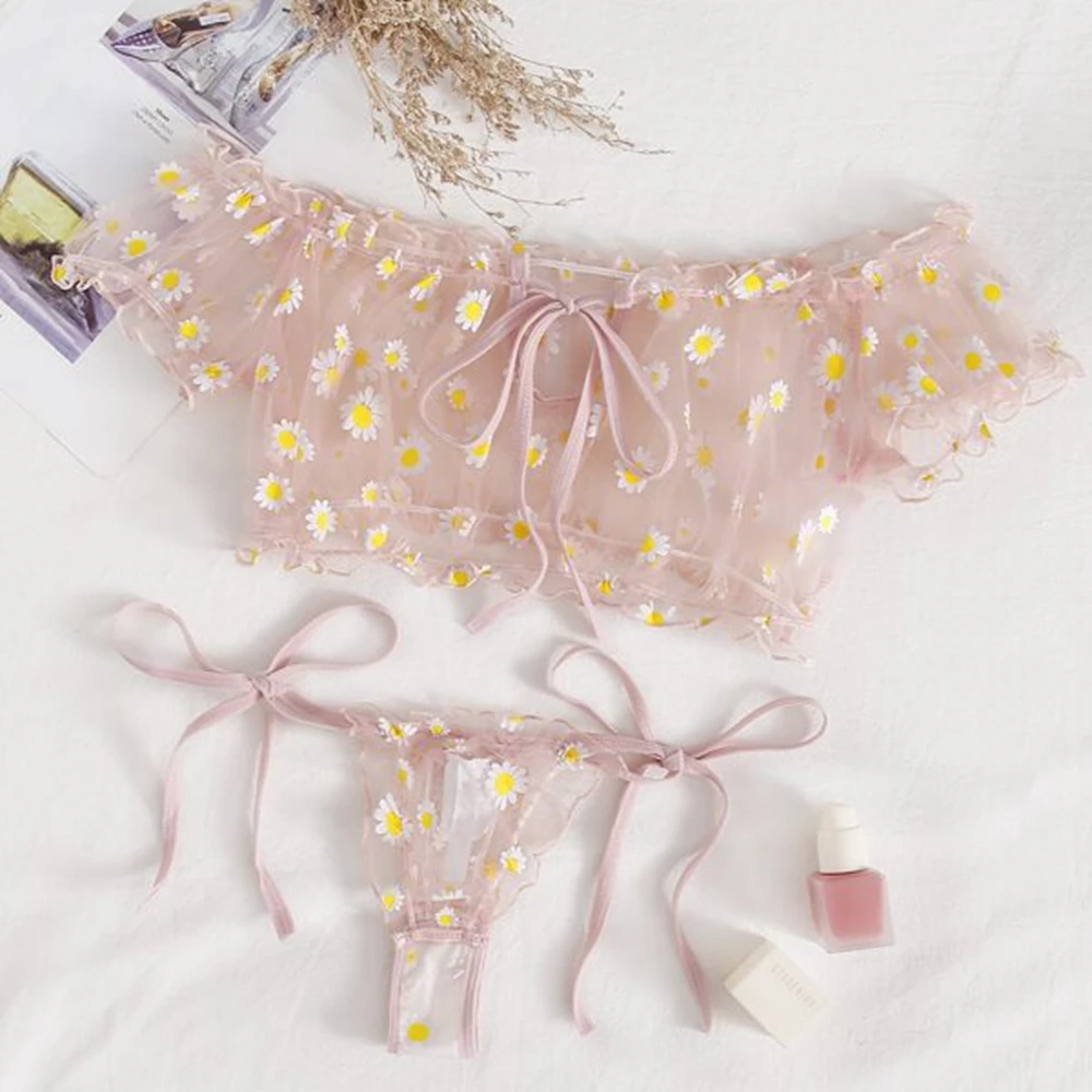 Комплект женского нижнего белья из 2 предметов пикантный укороченный топ с открытыми плечами и цветочным