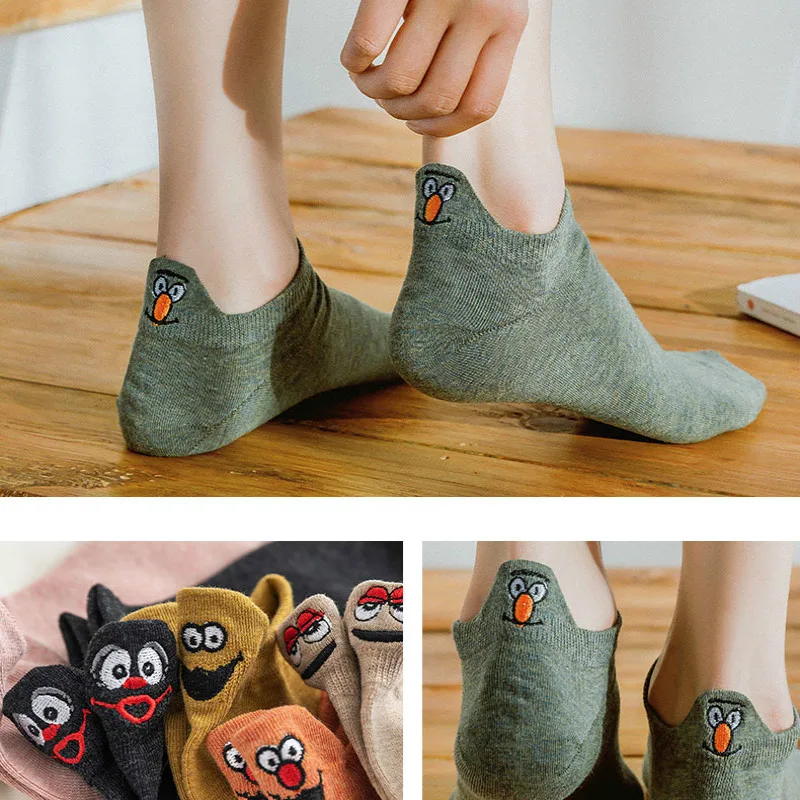 Kawaii Embroidered Expression Women Cartoon Socks Happy Ankle Funny Harajuku Cute Cotton Short Sox Girl Sokken | Женская одежда