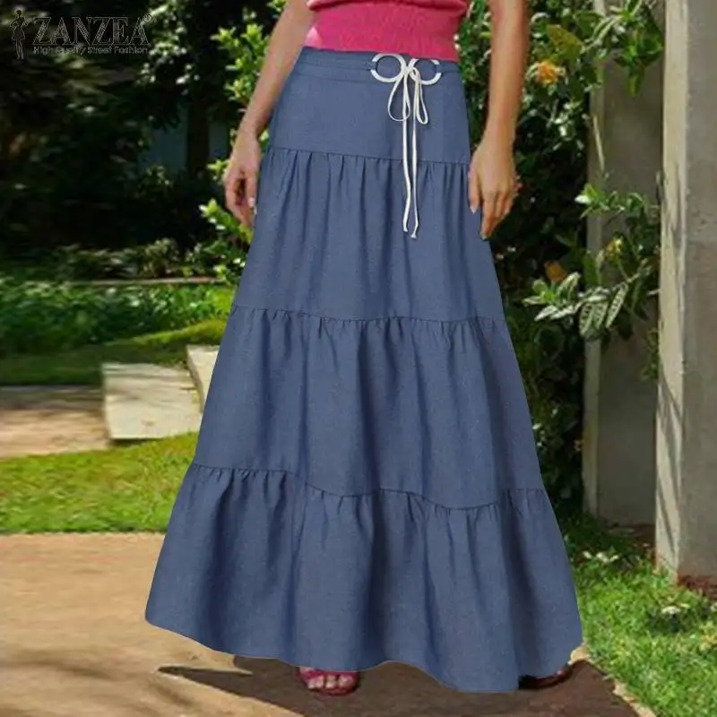 

Модные летние юбки ZANZEA, Женская длинная юбка макси с высокой талией и оборками, винтажные праздничные джинсовые синие юбки, юбка, Халат