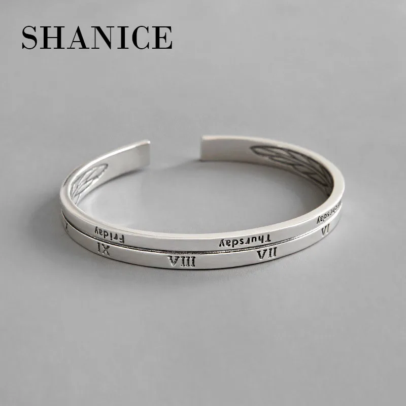 SHANICE чистого серебра 925 пробы, винтажные английские римские цифры, браслеты-манжеты для женщин, браслет панка, ювелирное изделие, подарок