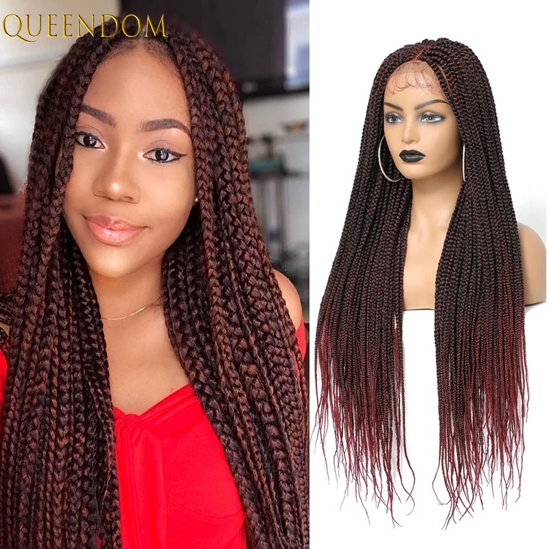 

30inch Long Box Braided Lace Front Wig Synthetic Ombre Brown Box Braids Lace Wigs for Black Women Wine Red Box Braid Cosplay Wig