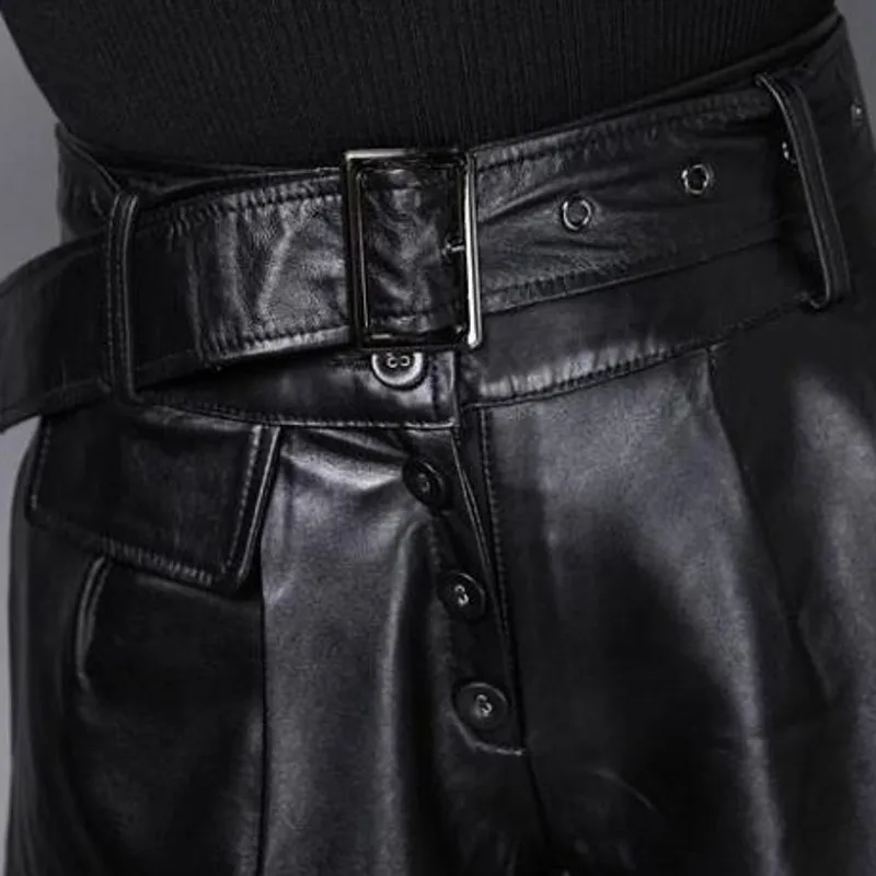 

High Quality Women Genuine Leather High Waist Shorts Fashion Sashes Single Breasted Loose Sheepskin Casual Flare Shorts
