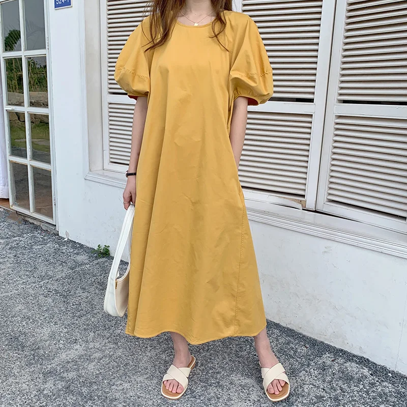 

Korean Chic Puff Sleeve Women's Long Dress Elegant O-neck Ankle Length Clothes Female Yellow Casual Dresses Lady Minimalist