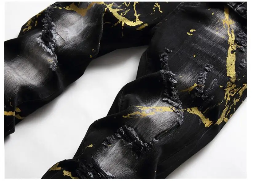 Autumn winter new ragged jeans men's штаны slim washed Джинсы pants black paint spray tight-fitting stretch trousers