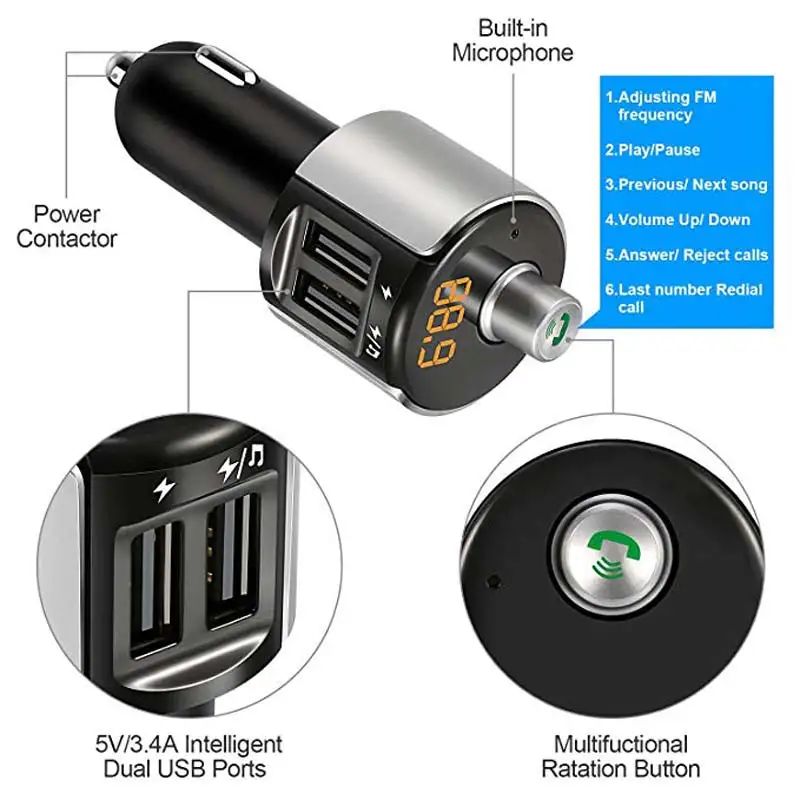 Автомобильный FM-передатчик Bluetooth 5 В/3 4 А зарядное устройство с двумя USB-портами