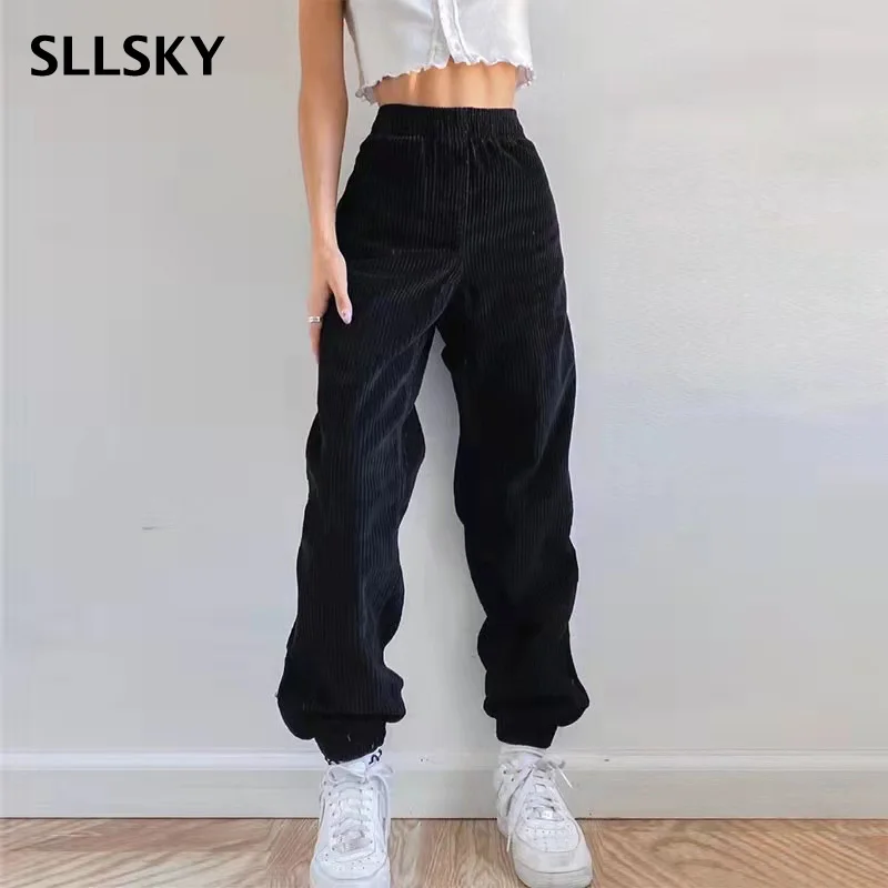 

Sllsky Women's Corduroy Solid Color Waist High Waist Casual Pants Vintage Female Black Trousers Street wear Outfits Harem Pants