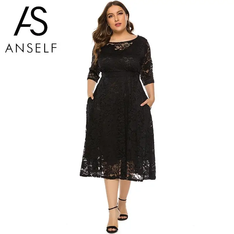 Женское кружевное платье с круглым вырезом и рукавом до локтя|Женские платья| |