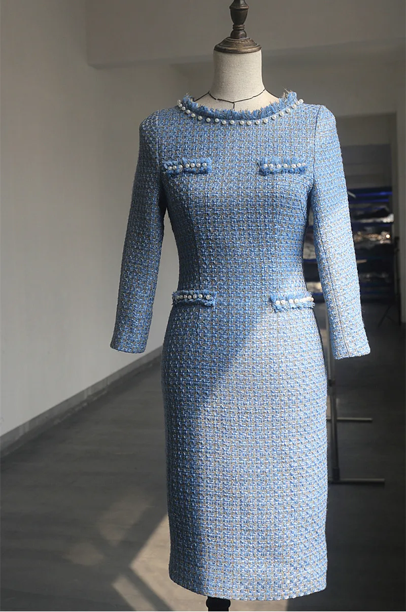 

Женское твидовое платье-карандаш, элегантное модное платье с жемчугом и бисером, модель A570 на осень, 2021