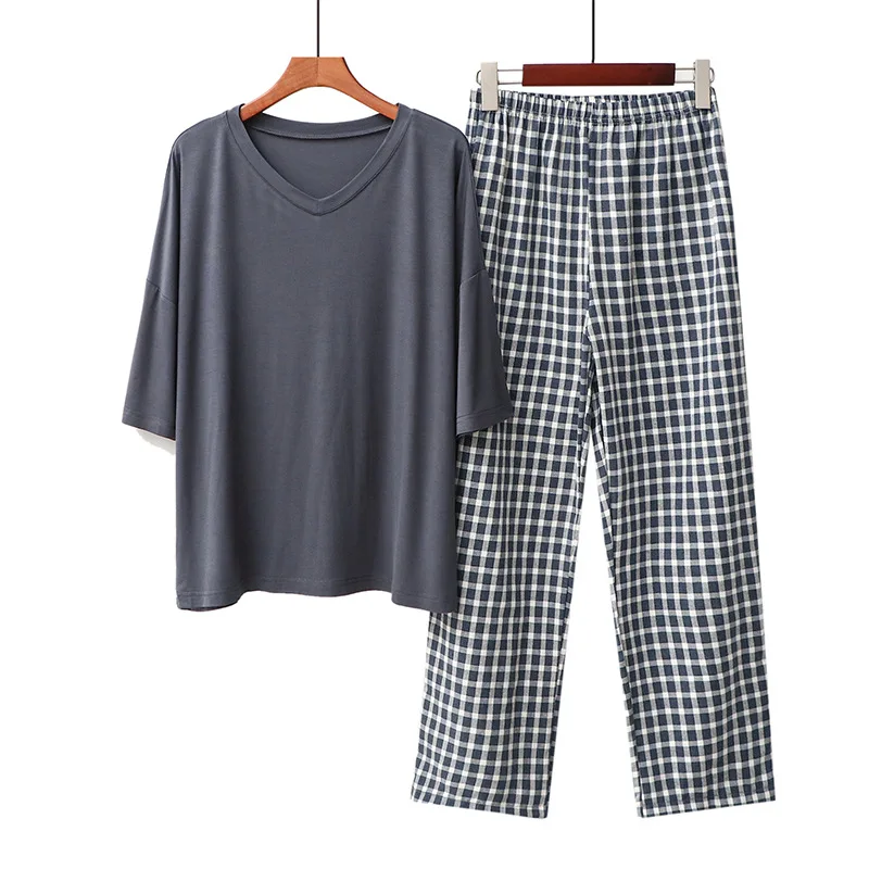 

Plaid Women Sleepwear Summer New Pajamas Modal Shirt&Viscose Pants Lounge Wear Casual Nightwear Home Clothes Soft Lingerie