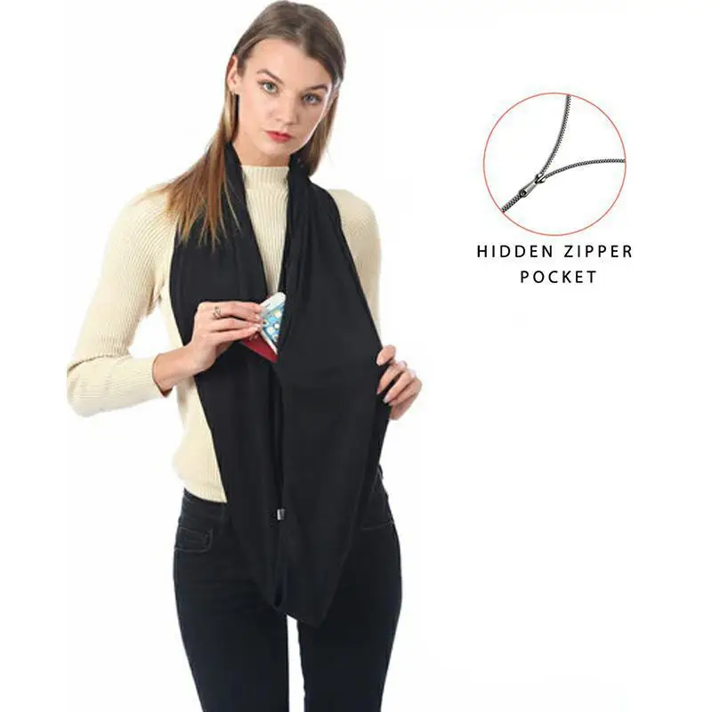 Женский шарф с карманом однотонный черный зимний вязаный теплый для путешествий