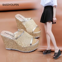 bling golden women slippers summer shoes platform4cm outside fitting room 11cm high heels wedges solid mesh female slides