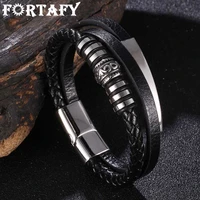 fortafy new stainless steel black multilayer leather bracelet for men magnetic clasp punk vintage male braided jewelry fr1086