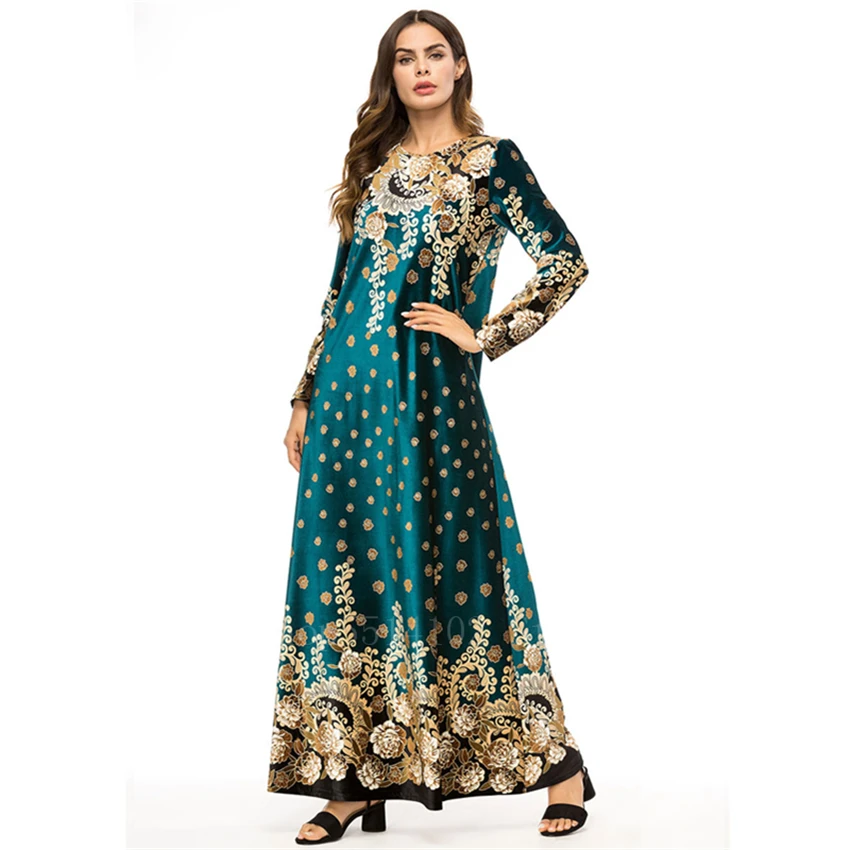 

Woman High Quality Islamic Clothing Muslim Dress For Women Female Party Dubai Turkey Fancy Velvet Print Formal Robe Kaftan Dress