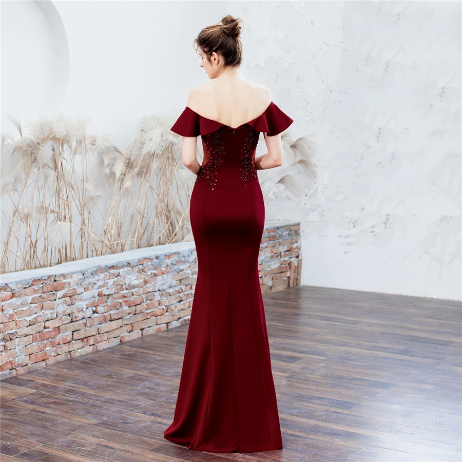 Burgundy Mermaid Evening Dresses It's Yiiya DX265 Boat Neck Plus Size Robe De Soiree Elegant Ruflles Off Shoulder Gown | Свадьбы и