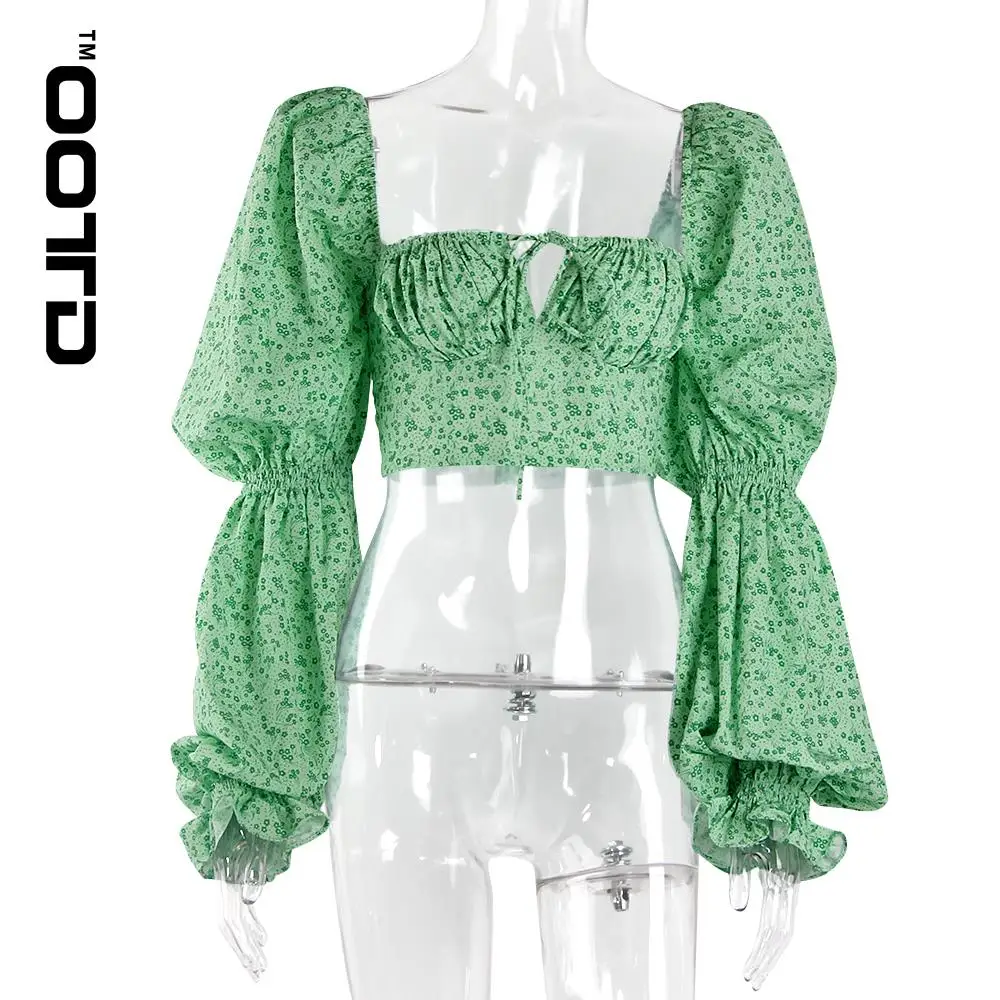 

OOTD 2021 New Flower Lantern Puff Long Sleeve Green Summer Blouse Women Vacation Holiday Outfits Sexy Girl Shirt Crop Top