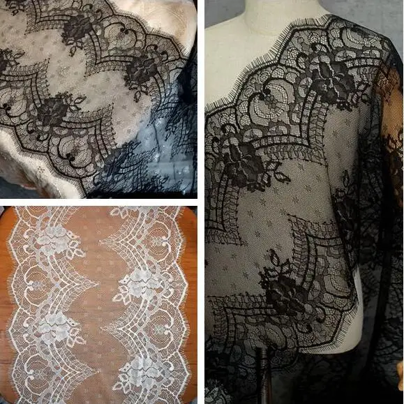 

1Meter Eyelash Lace Fabric 34cm DIY Decorative High Quality Soft White Black Nylon Eyelash Lace Trim Wedding Dress Fabric LA1422