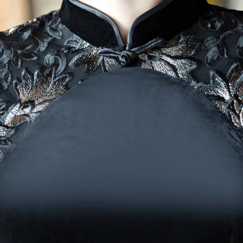 SHENG COCO женский черный Ципао без рукавов платья сексуальное без рукавов бархатное кружевное открытое Qipao длинное платье китайское платье плюс размер