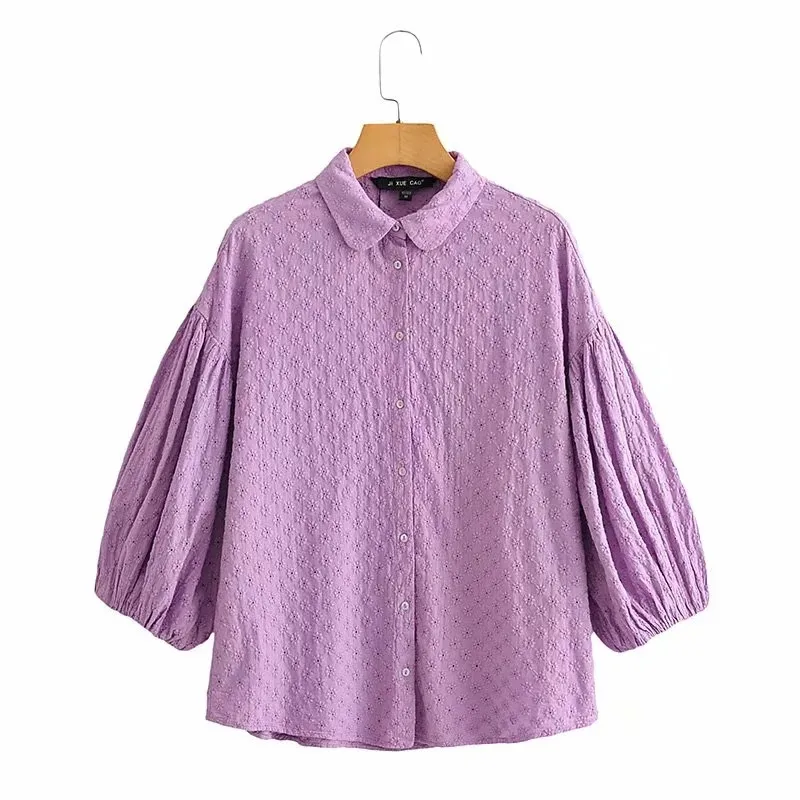 

2022 autumn chic lady floral embroidery purple blouse women's new fashion puff sleeve single breasted cotton loose shirts