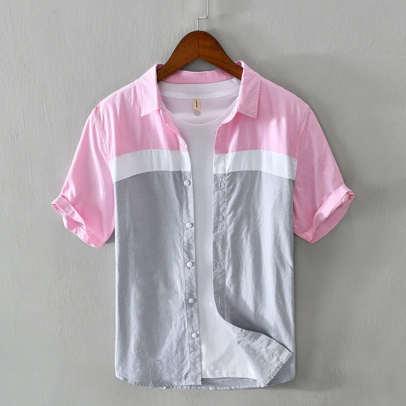 

Short Sleeve Summer Shirts Men Turn Down Collar Pockets Patchwork Japan Minimalist Casual Cotton Shirts Comfortable Thin Tops