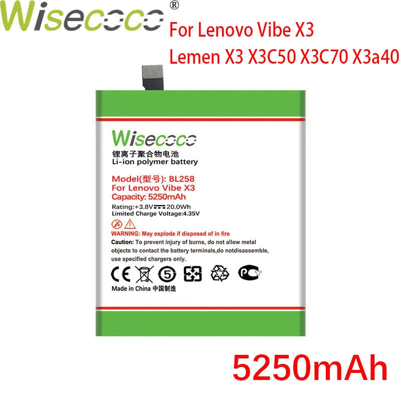 WISECOCO 5250 мАч BL258 батарея для Lenovo Vibe X3 Lemen X3C50 X3C70 X3a40 телефон в наличии + номер