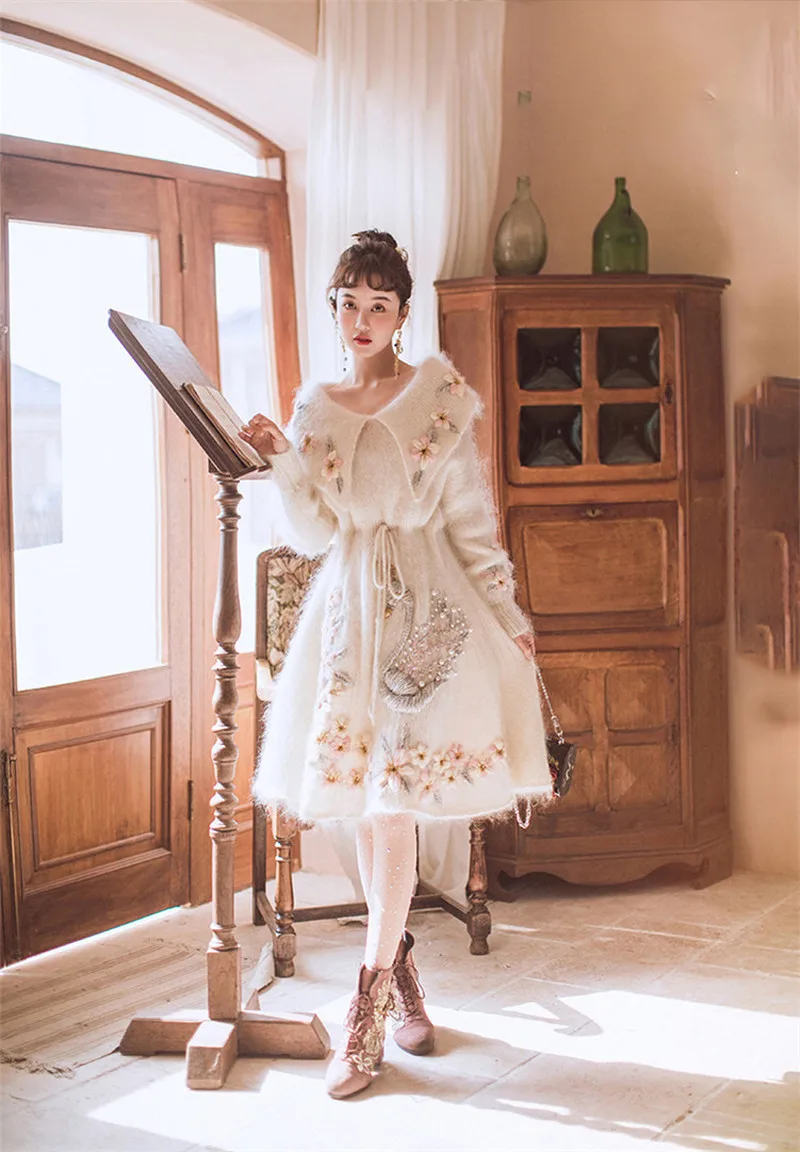 Женское платье-свитер в стиле ретро белое платье из мохера с воротником Питер Пэн