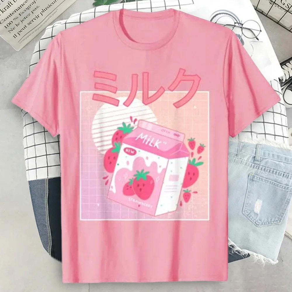 Забава Ретро 90s Япония с милым клубничным принтом молочных коктейлей футболка