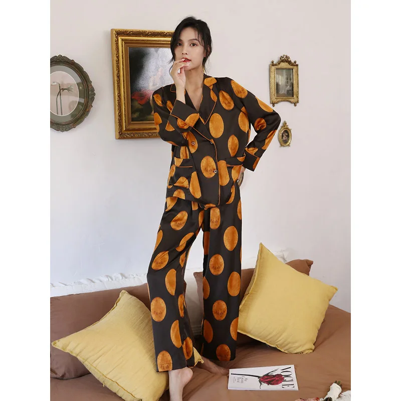Silk Pajamas Fashion Wave Point Suit Long Sleeve Lapel Ice Silk Home Clothes Two-piece Set Loungewear Autumn Clothes Women