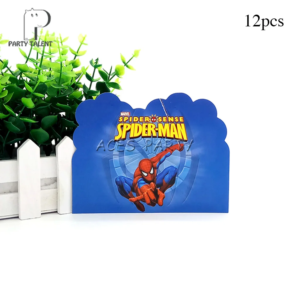12pcs invitation Мальчики дети супер герой на тему Человека-паука посуда для вечеринки в честь Дня Рождения шар конфеты коробка флаг тарелка чашка соломы кисточкой вечерние принадлежности - Цвет: 12pcs invitation