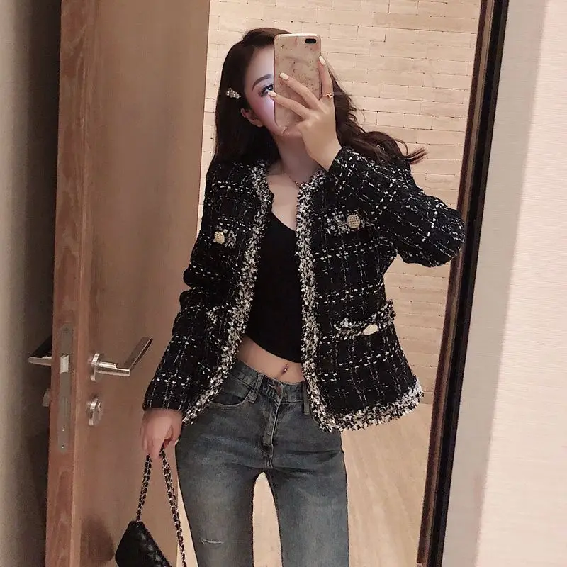 Mozuleva/Новинка Женская черная твидовая куртка Клетчатое пальто Осеннее маленькое