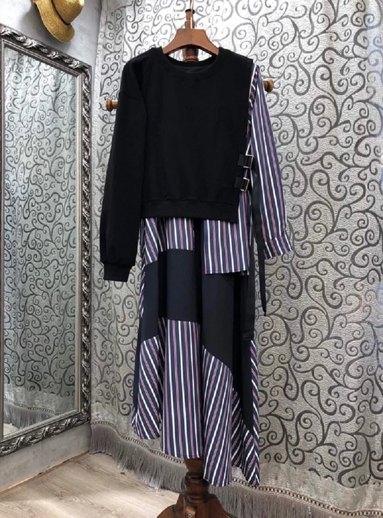 

Cotton Long Dress 2020 Autumn Winter Fashion Style Women Striped Print Patchwork Long Sleeve Casual Black Blue Long Maxi Dress