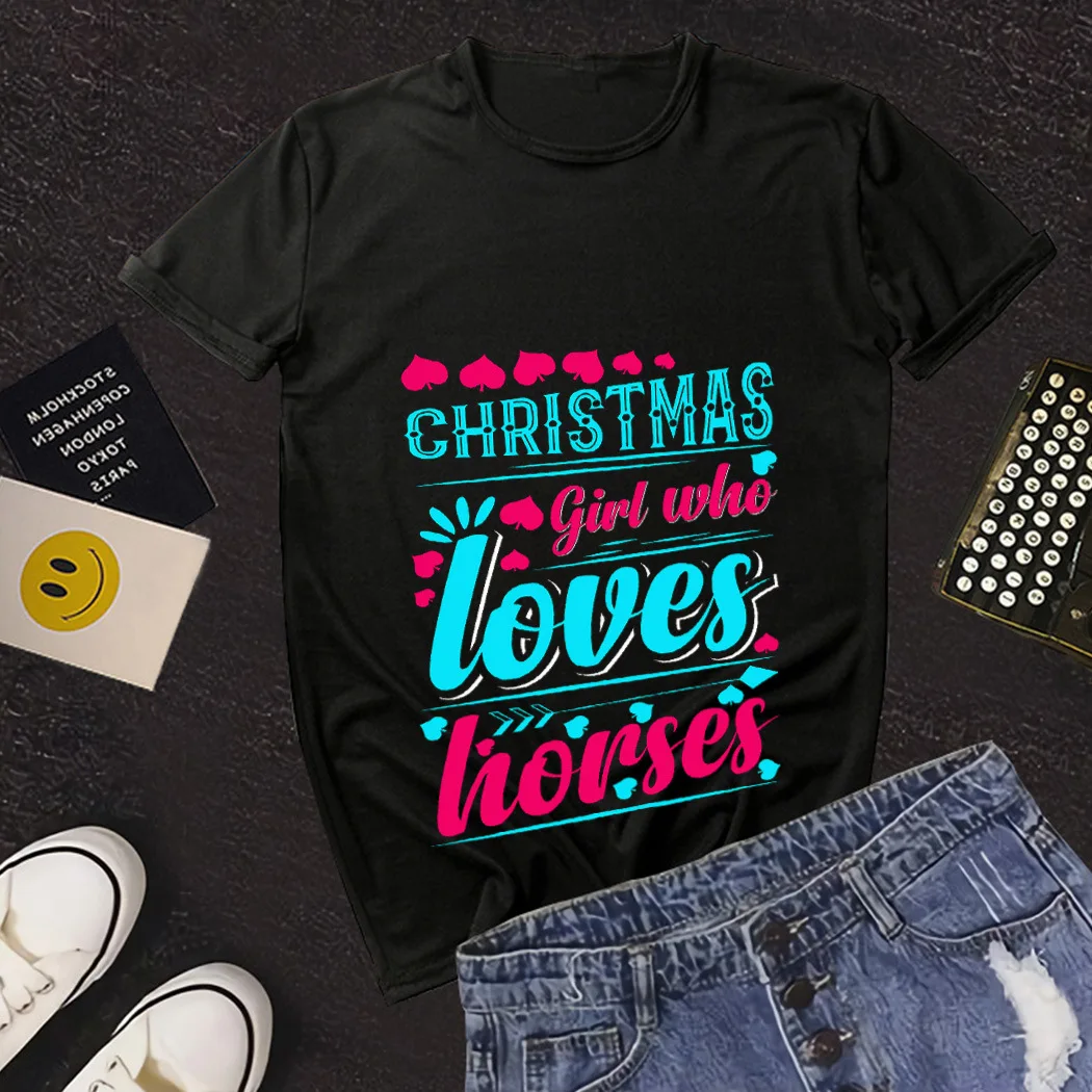 

Christmas English Letters Pattern Printing T-shirt Women And Men Round Collar Pullovers Casual Sport Loose Short Sleeve Tops