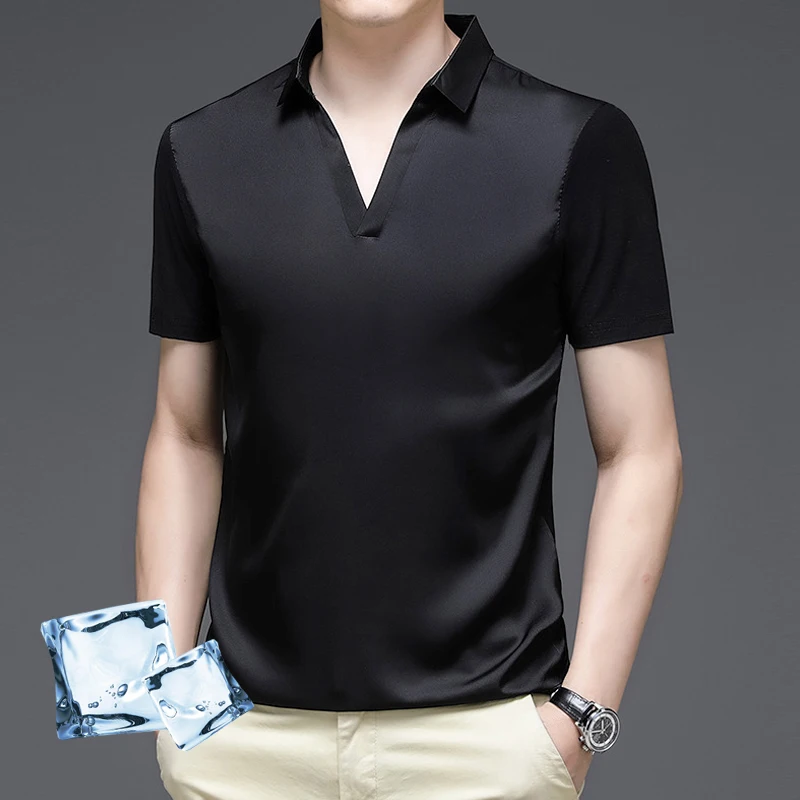 

Ice Silk Summer Polo Shirt Men Short Sleeve Cotton T-shirt Lightweight Solid Color Black White Casual Poloshirt Brands Slim Fit