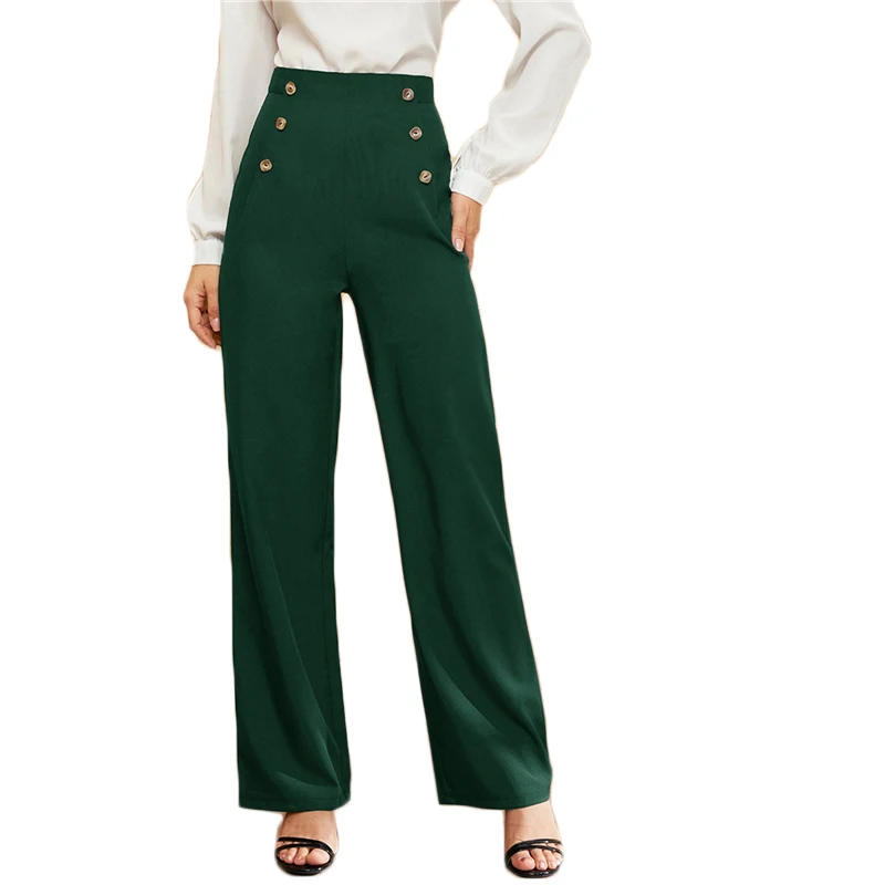 SHEIN Green двубортные прямые однотонные длинные брюки женские осенние с высокой талией прямые элегантные офисные платья Брюки