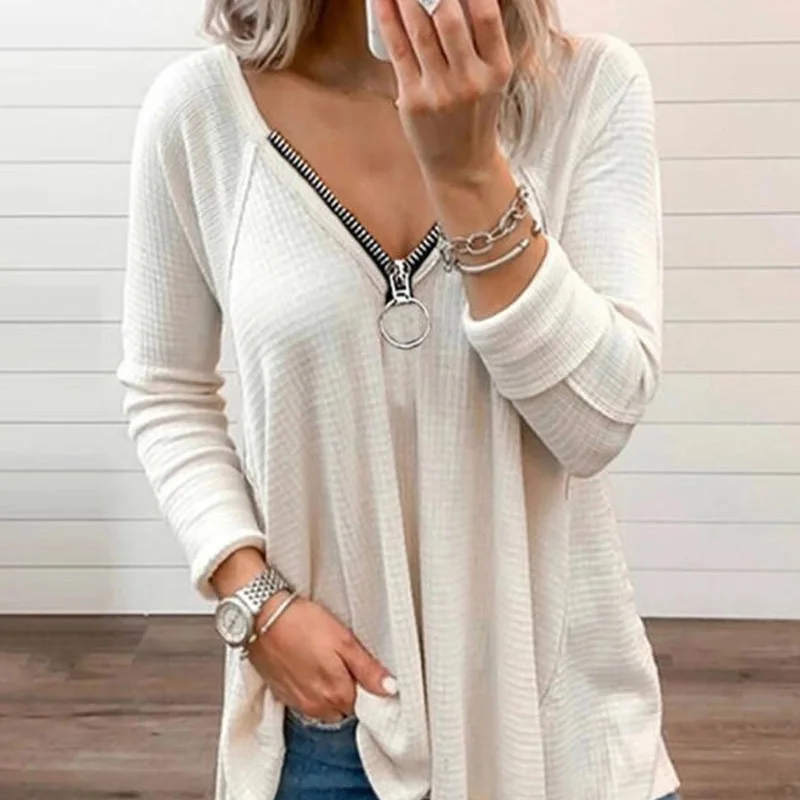 

2022 Spring Autumn Women Plus Size Loose Zipper Sexy Solid Color Vintage T Shirts Tops Long Sleeve Pullover Lady T Shirt X54