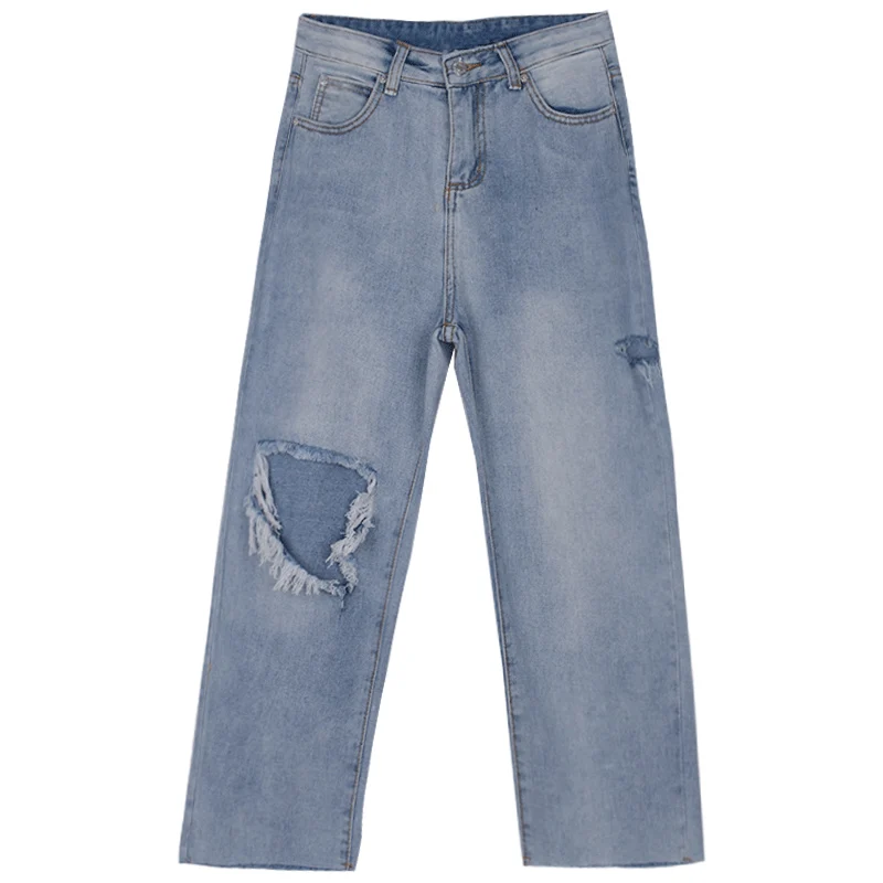 

Women's Large Size Ripped Jeans Summer Loose Tummy Hiding Slimming High Waist Wide Leg Versatile Casual Cropped Pants for