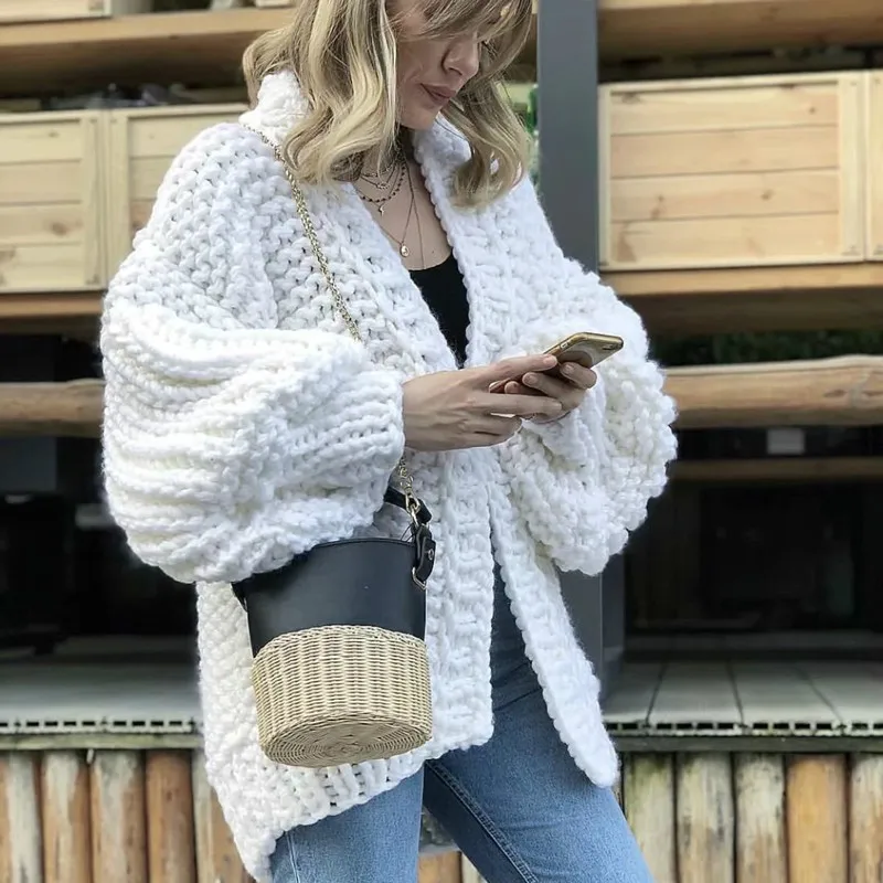 2022 осень-зима плотный вязаный кардиган свитера сексуальные с пышными рукавами