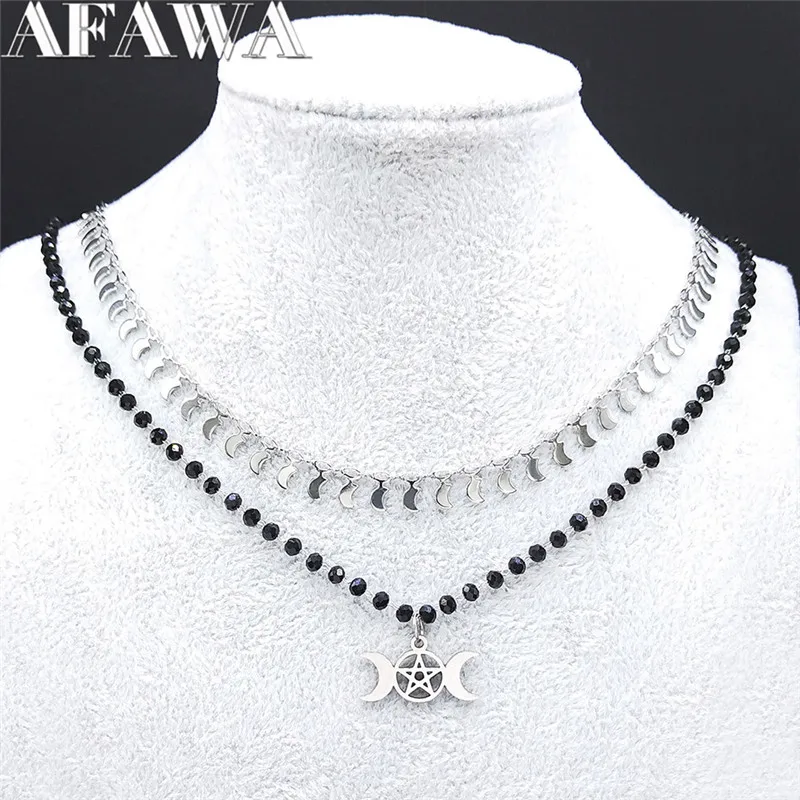 

Stainless Steel Black Crystal Bead Gothic Moon Sun Pentagram Necklace Silver Color Layer Necklaces Jewelry bijoux femme N3515S02