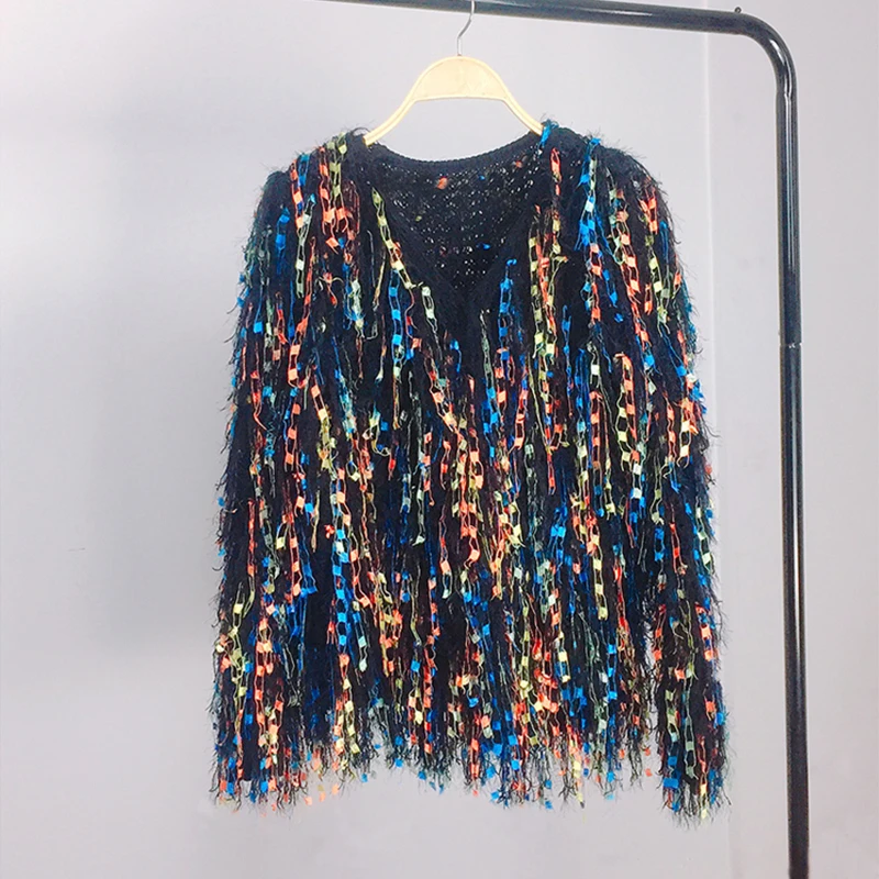 Rainbow Sequins Fringed Cashmere Sweater Coat Tassels Knitted Cardigan Mixed Color Fringed Velvet Fluffy Jacket Knitwear Tops