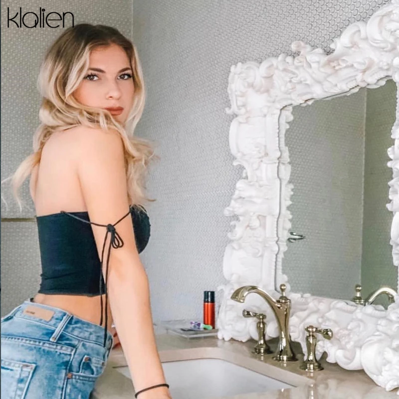 KLALIEN сексуальный Однотонный Регулируемый Топ женский короткий топ с открытой