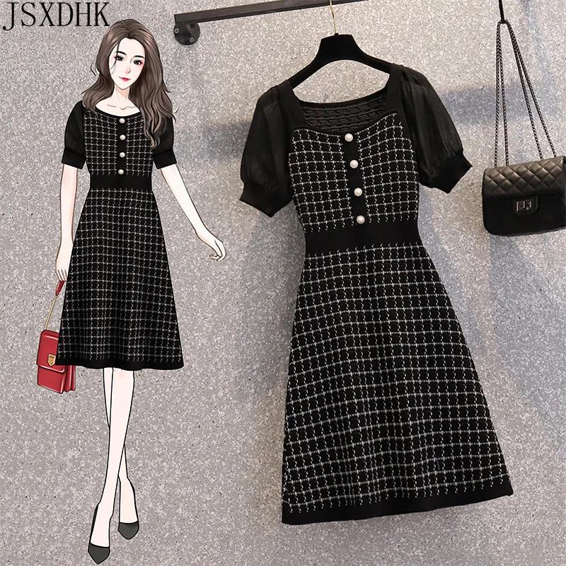 

2021 Summer Women French Style Retro Knit Dress Square Collar Puff Sleeve Patchwork Plaid Slim A-Line Midi Dress Black White