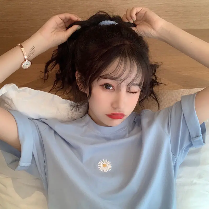 Футболка с маргариткой Женская Ins модная простая Свободная кофта для студенток и