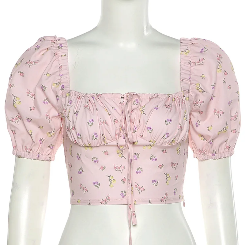 

France Vintage Chiffon T-Shirt Women Summer Elegant Floral Bow Bandage Square Collar Puff Sleeve Blouses Sweet Streetwear Tee