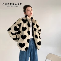 cheerart beige faux fur coat women heart print sherpa kawaii fleece jacket cute winter outerwear korean fashion clothing