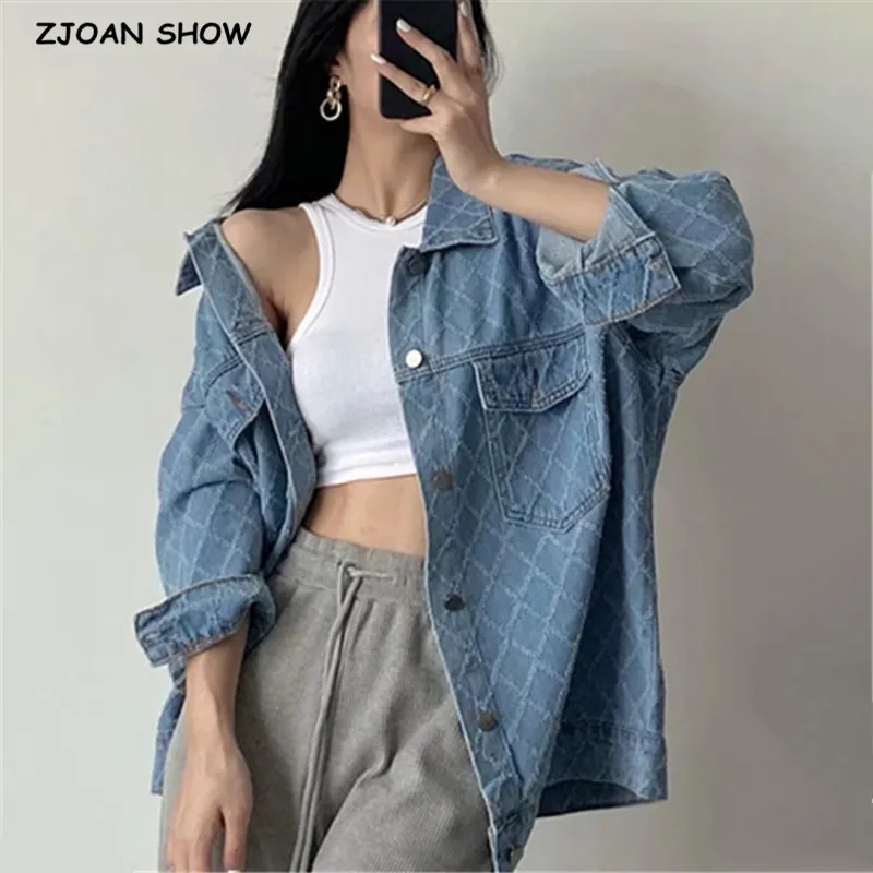 

2021 Autumn BF Frayed Ripped Shape Plaid Denim Oversize Jacket Vintage Women Lapel Center Buttons Loose Coat Cool Outerwear