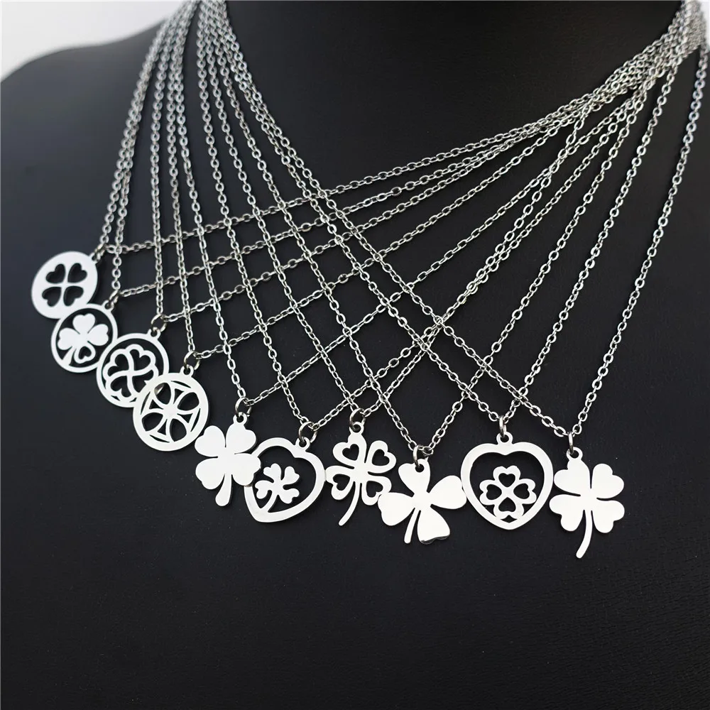 

Plant 4 Leaves Clover Necklace Stainless Steel Pendant Choker Jewelry Gift 12 Pieces Mix Wholesale With Stainless Steel Chain