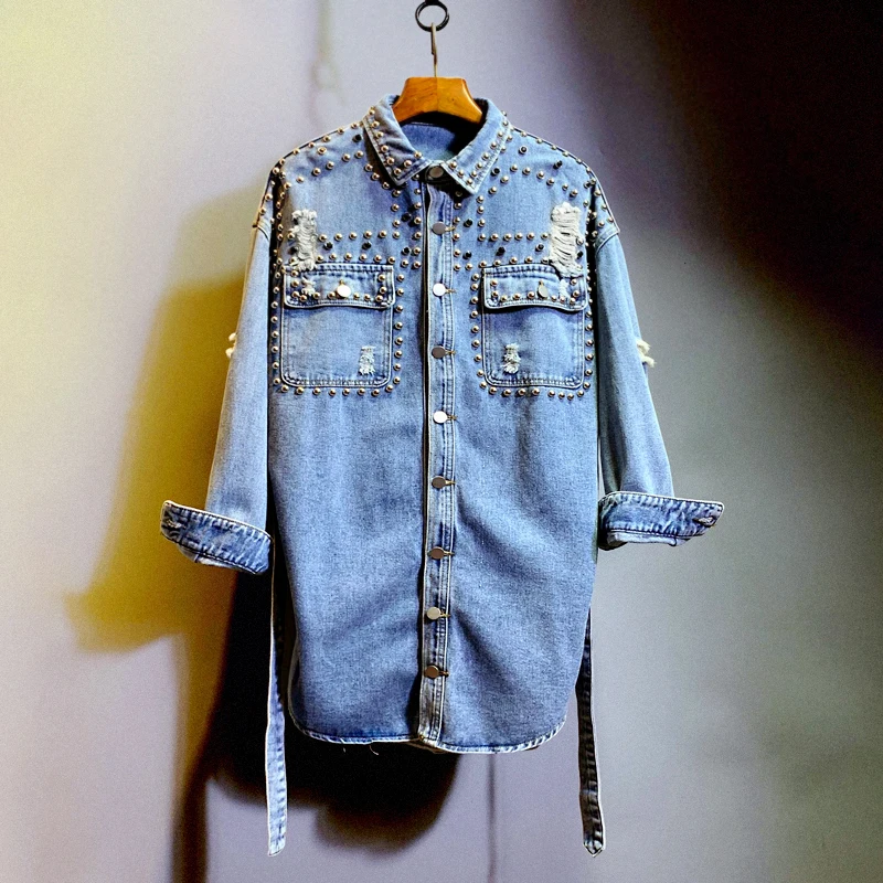 

Korean Mid-Length Casual Shirt Denim Jacket Womens 2021 Spring Autumn New Fashion Rivet Retro Holes Cowboy Coat Female Tide A517