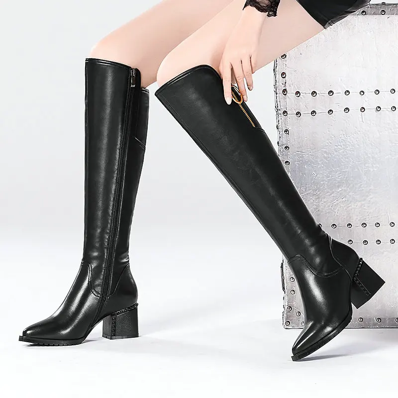 

Genuine Leather Women Knee High Boots Winter Warm Riding Boots Brand Plus Size Female Chunky Heels Dancing Shoes Woman