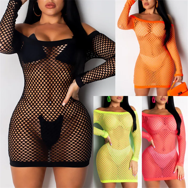 

ICNGLKSND, женские накидки для бикини, ажурное Сетчатое платье с открытыми плечами и длинным рукавом, вязаное крючком пляжное платье, летнее пла...